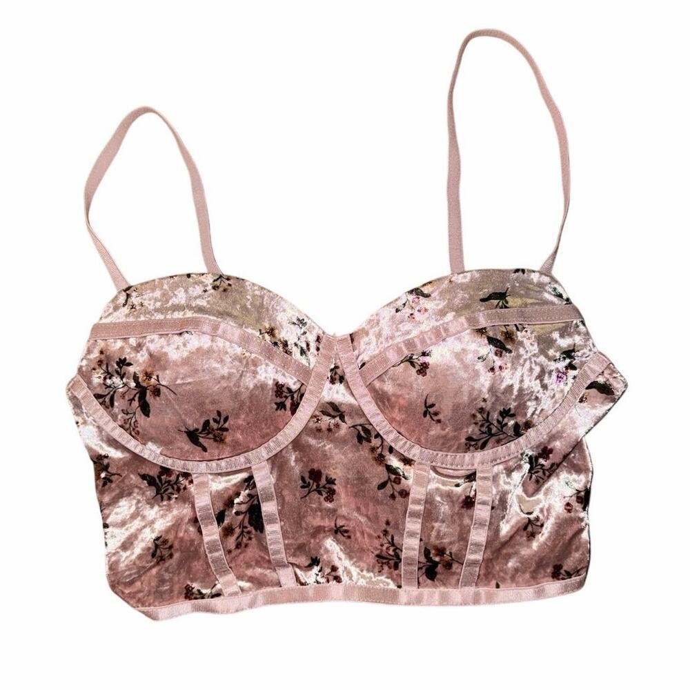 Haute Monde pink floral spaghetti strap cropped corset top velvet XS coquette